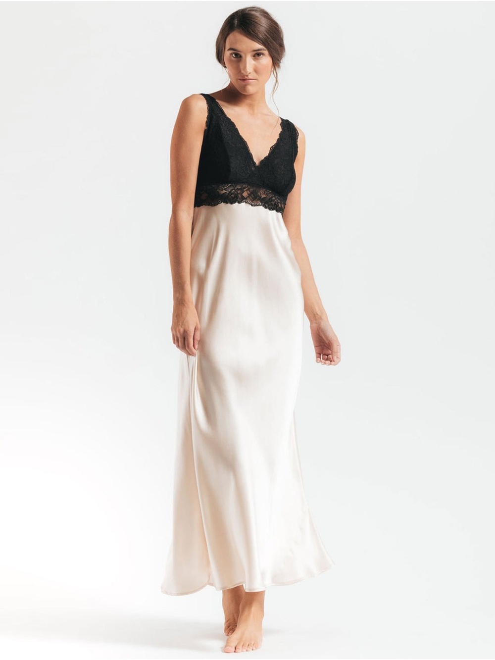Black Lace Bodice White Maxi Slip Dress
